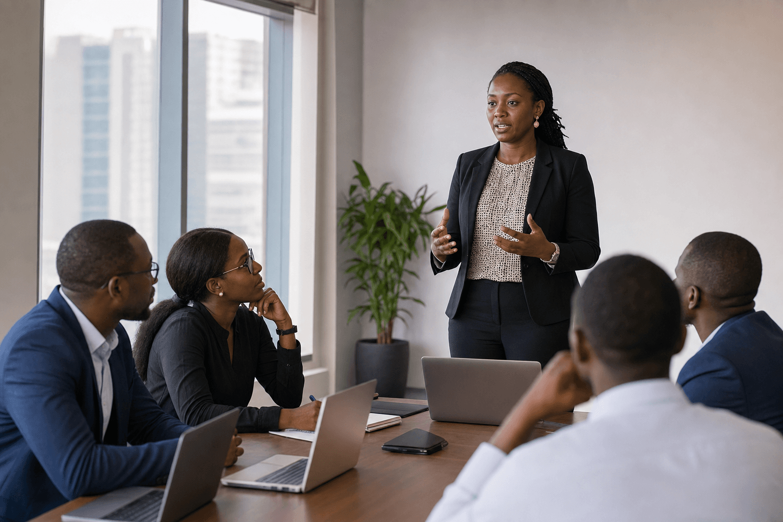 Femme leader prenant la parole avec assurance devant un public